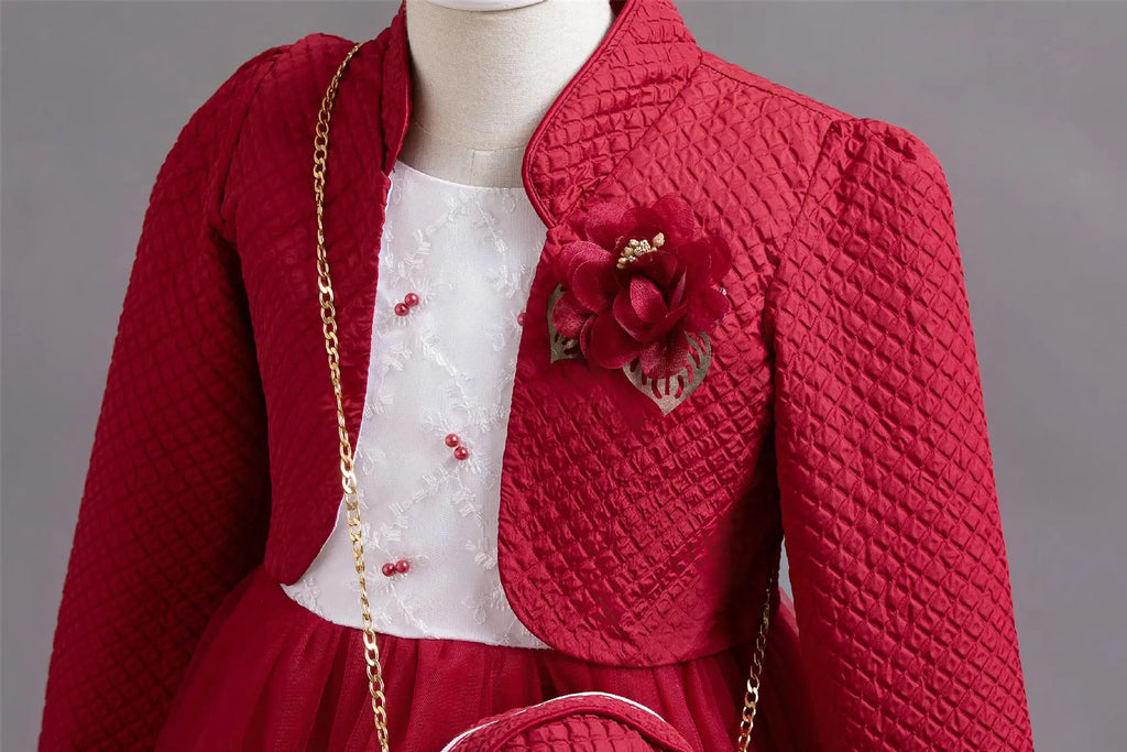 Novo outono/inverno vestido de festa de manga longa elegante menina bordado vestido de desempenho de natal saco de presente para crianças de 3 a 11 anos