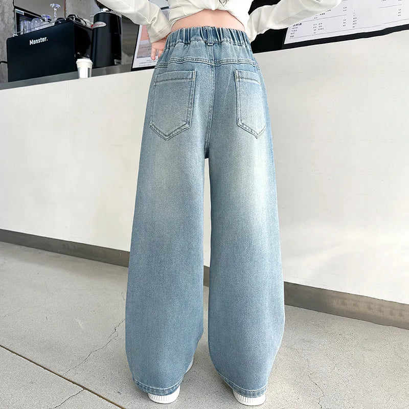 Coreano menina perna larga jeans com lindas borboletas crianças cintura alta solta calças jeans adolescente casual jeans crianças