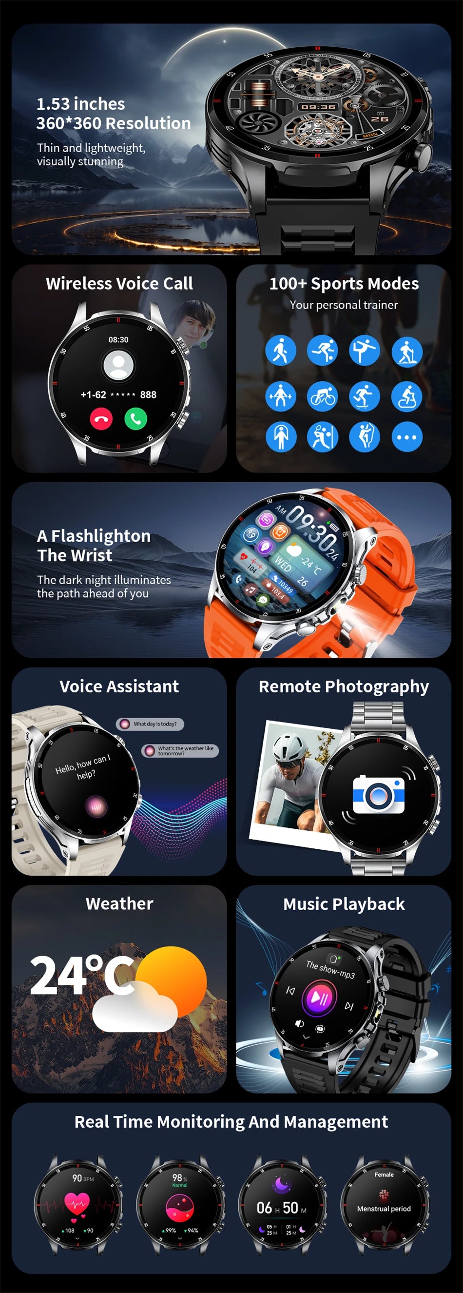 Lige 2025 novo relógio inteligente masculino lanterna ai voz bluetooth chamada 1.53 "hd esportes relógios de fitness monitor saúde smartwatch feminino