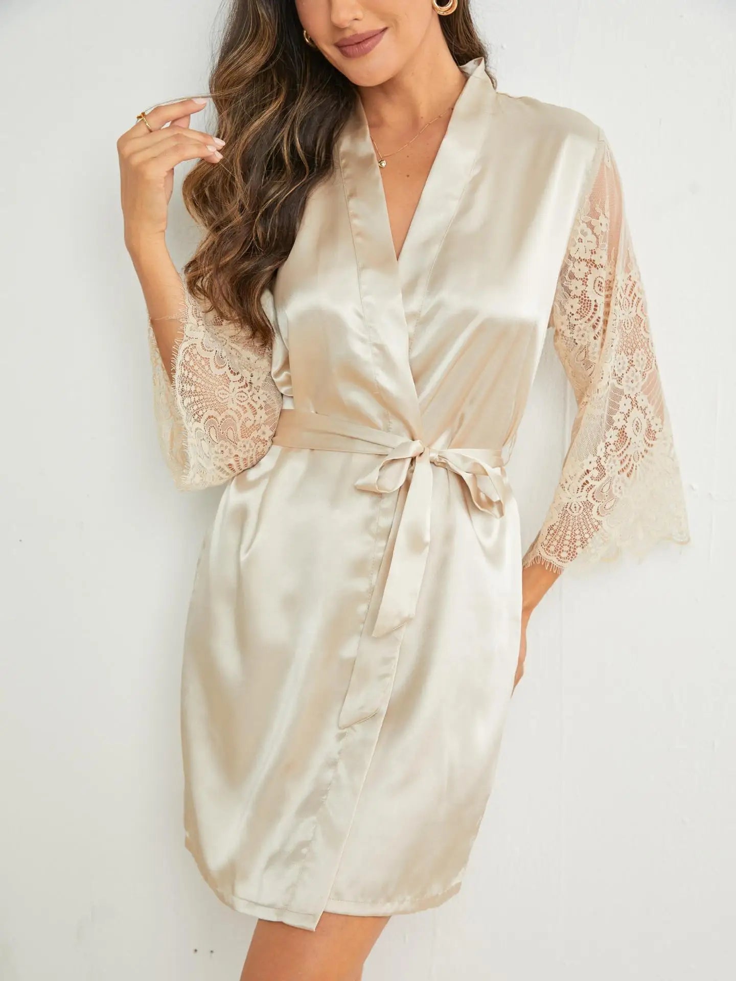 Noiva dama de honra casamento robe camisola primavera verão feminino sleepwear casa vestido retalhos rendas kimono roupão vestido loungewear