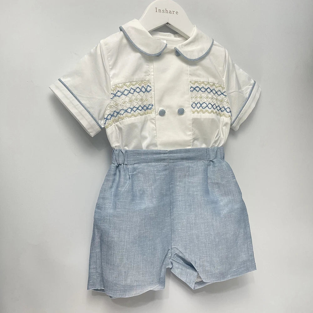 Roupa de boutique infantil, artesanal para menino, conjunto bordado, algodão azul, manga curta, roupa de irmãos, batizado, aniversário