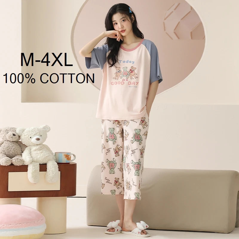 SUKAE-Conjunto de Pijamas dos desenhos animados das mulheres, 100% algodão, calça curta na altura do joelho, pijamas, capris loungewear, pijamas de verão, M-4XL
