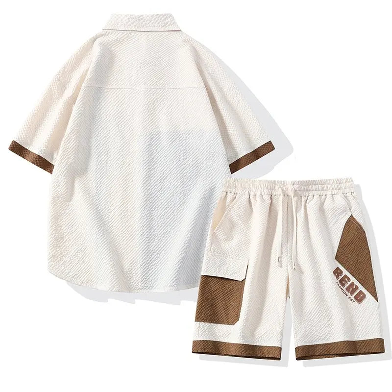 Conjunto Casual Masculino de Linho e Algodão, Camisa de Manga Curta com Colarinho e Calças Largas, Traje de Verão com Bordado Floral