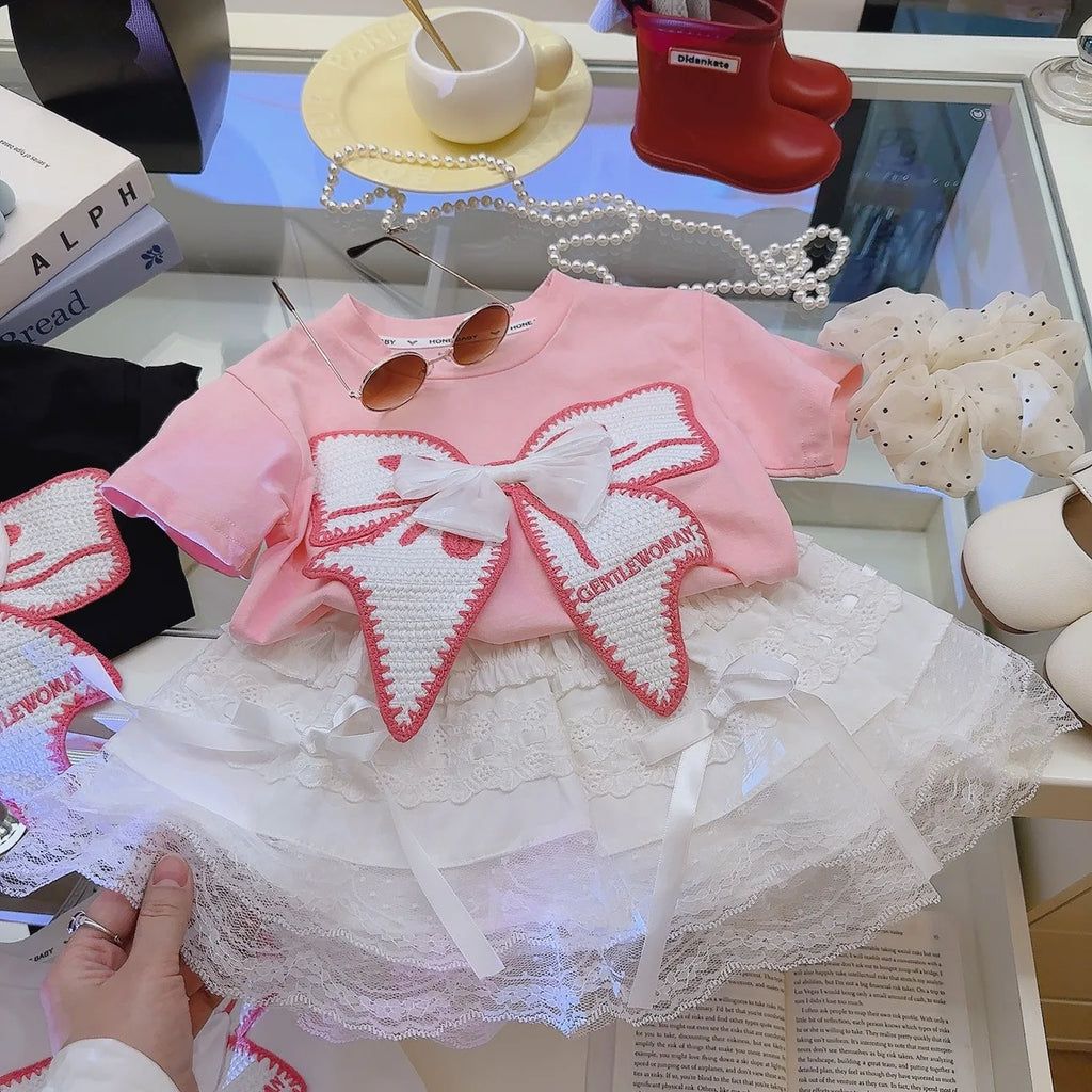 Conjunto de roupas de camiseta rosa para crianças, meninas, verão, saia de renda, pulôver, doce, bebê, lolita, conjunto de vestido, 1-8 anos, roupas infantis, estilo coreano