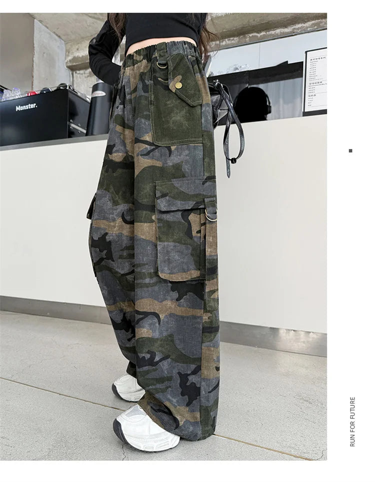 Crianças baggy camuflagem calças de carga com bolso para a menina streetwear y2k camo calças crianças harajuku coreano hip hop sweatpants