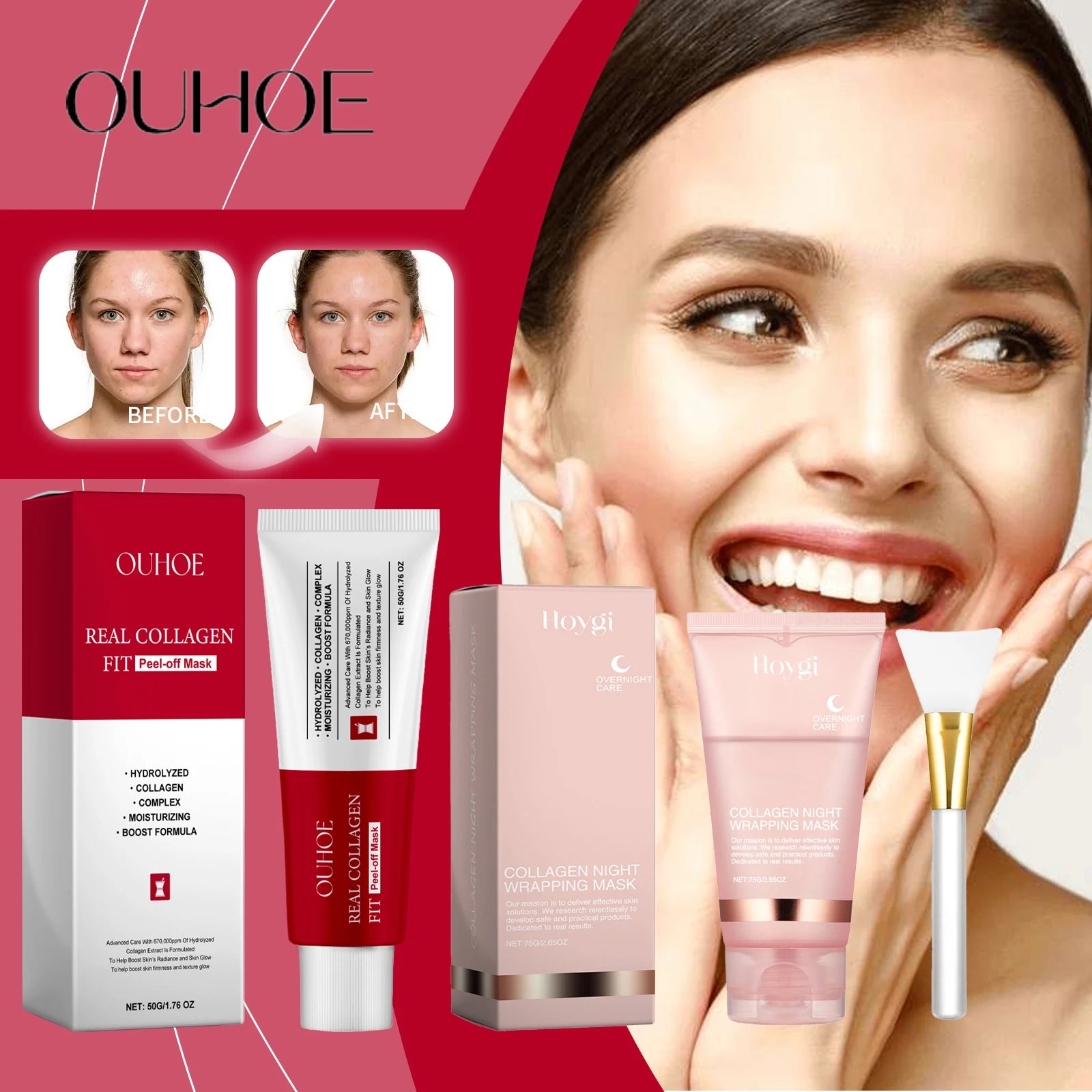 Ouhoe Máscara Peel Off de Colágeno com Pincel de Aplicação Anti Rugas Firmador Hidratante Fácil Descasque Todos os Tipos de Pele Não Irritante Limpo