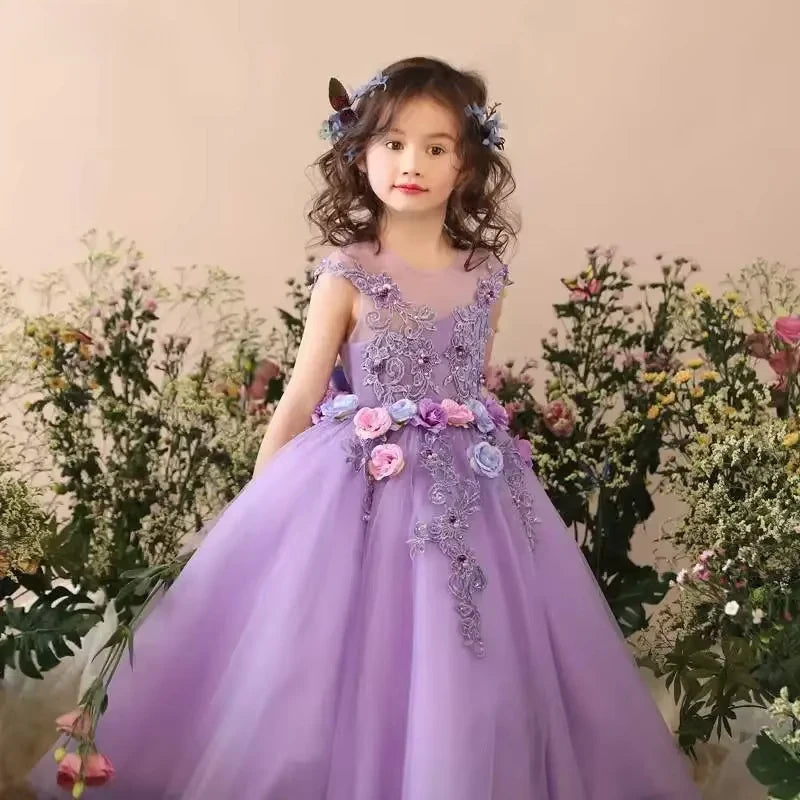 Crianças lavanda desempenho outfits crianças vestido de festa traje meninas princesa roxo roupas aniversário elegante ponkata piano