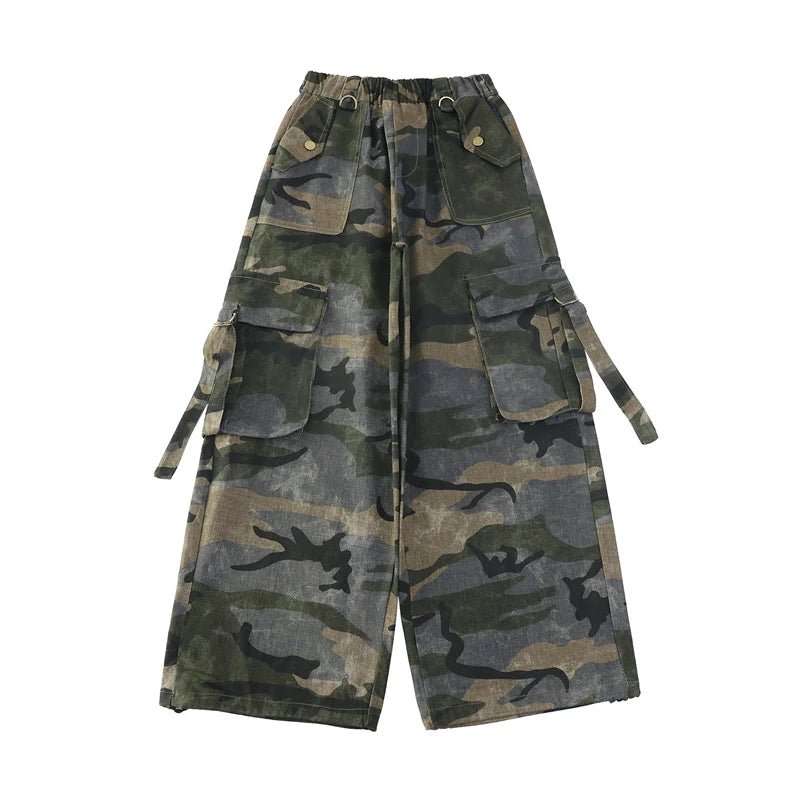 Crianças baggy camuflagem calças de carga com bolso para a menina streetwear y2k camo calças crianças harajuku coreano hip hop sweatpants