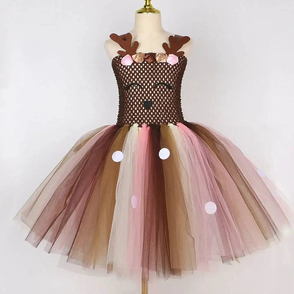 Bebê meninas trajes de veados de natal para crianças flor rena vestidos de princesa crianças natal ano novo ballet tutus outfit com arco