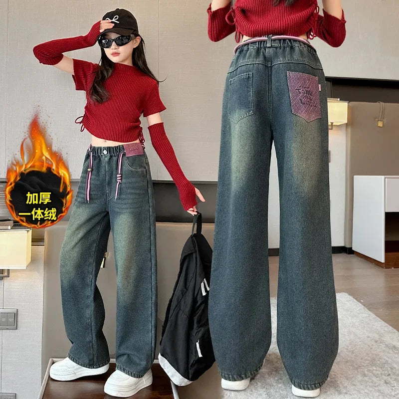 Meninas adolescentes jeans com lã outono inverno moda casual crianças perna larga calças jeans isoladas escola crianças denim