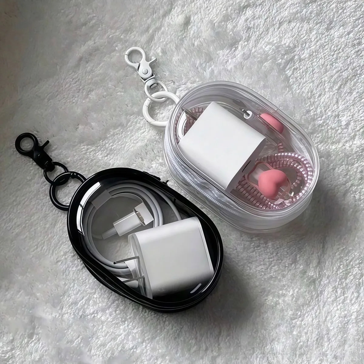 Mini saco de armazenamento com zíper transparente, chaveiro portátil, boneca de desenho animado, organizador de brinquedos para fones de ouvido, carregadores, cabo de dados, sacos de presente