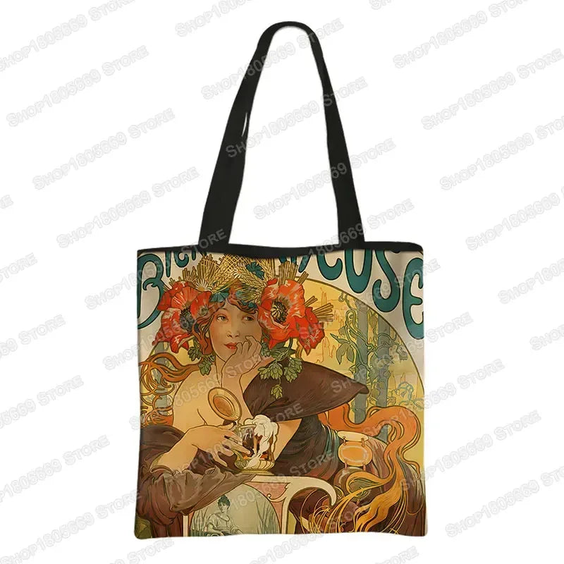 Alphonse Beauty Print Bolsa para Mulheres, Sacos De Compras De Armazenamento Reutilizável, Totes Casuais, Pintura A Óleo, Elegante Senhoras Tote
