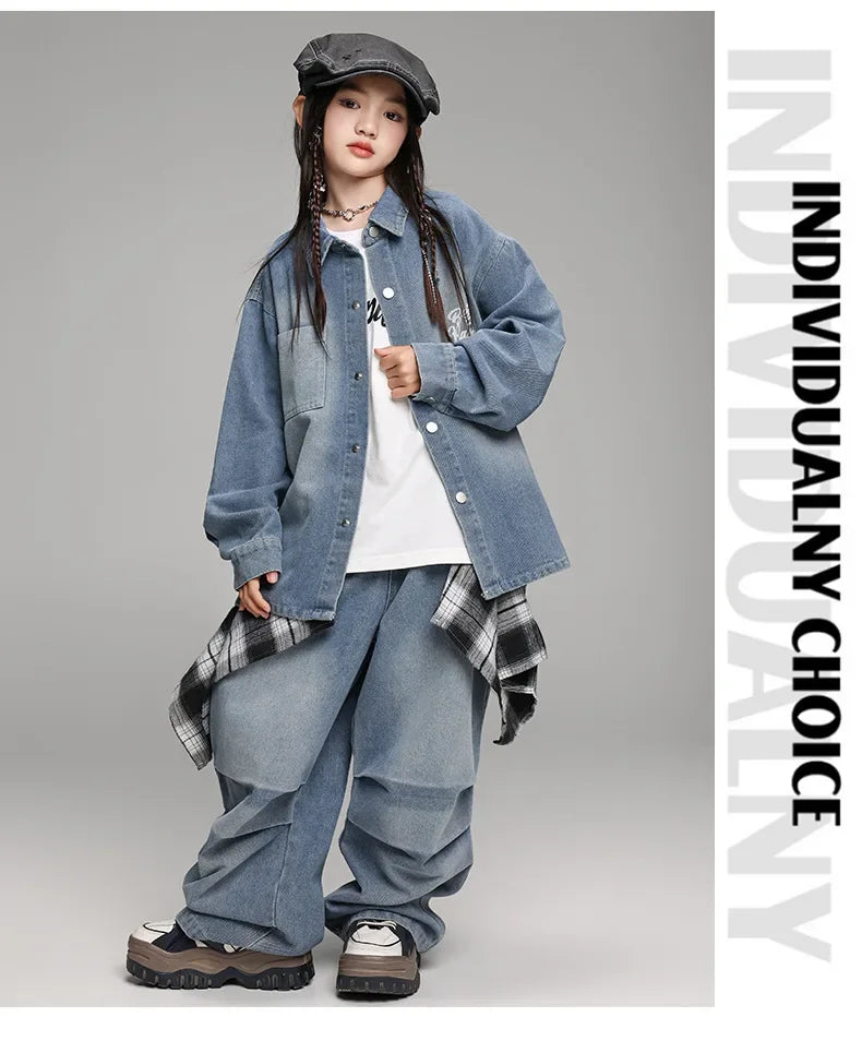 Crianças menino menina solta casual streetwear moda hip hop crianças denim camisa calça jeans define ternos agasalho roupas de palco traje