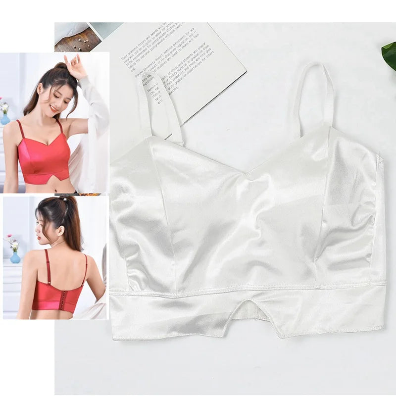 Sexy tops de cetim para mulheres, bralette sem fio, top de crochê, alça de espaguete feminina, camiseta cortada com peito, camisola acolchoada