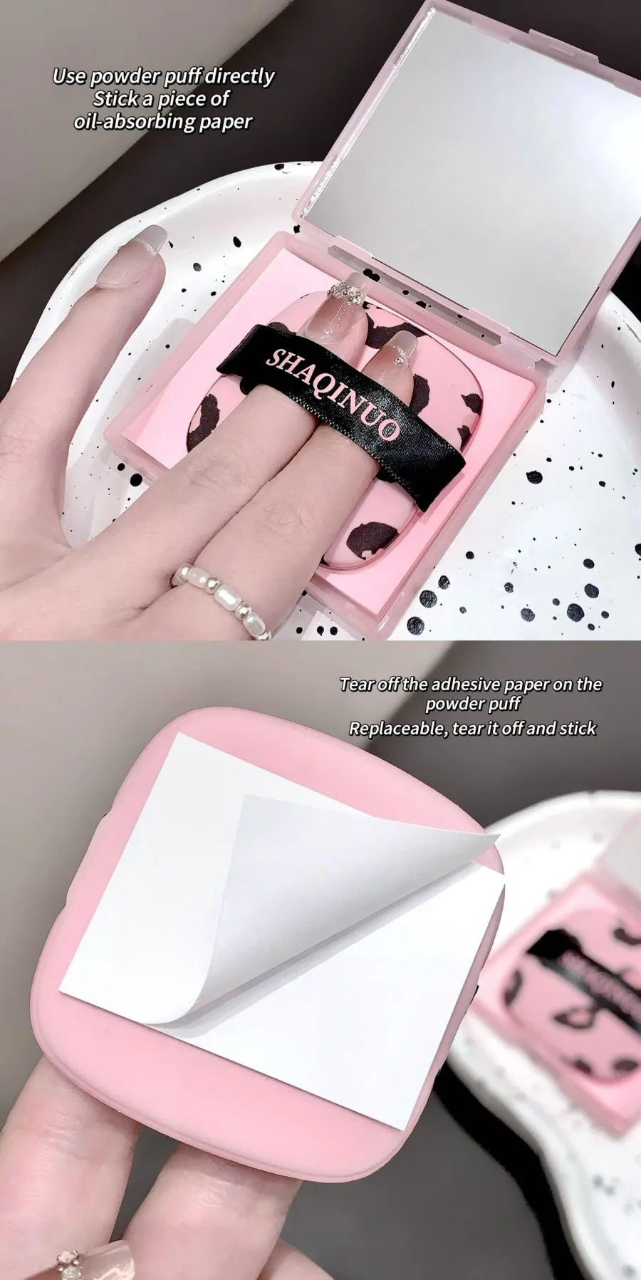 100 folhas de papel absorvente de óleo facial com estampa de leopardo rosa caixa de armazenamento portátil com espelho ferramenta de beleza