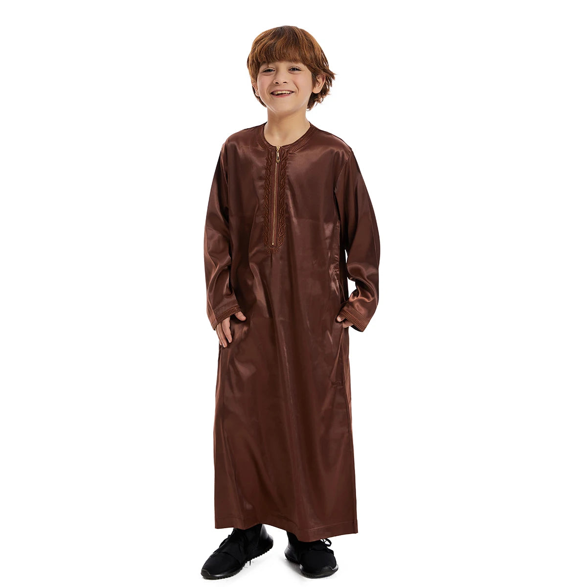 Crianças muçulmanas Abaya Ramadan Jubba Prayer Thobe, vestido longo islâmico para crianças, vestido com o pescoço para meninos, Kaftan Dubai e árabe