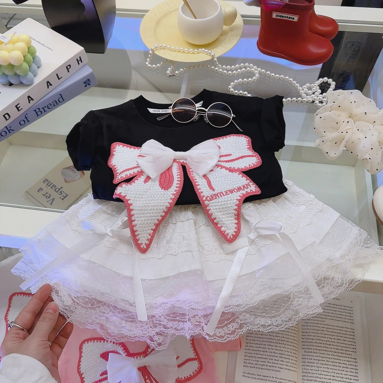 Conjunto de roupas de camiseta rosa para crianças, meninas, verão, saia de renda, pulôver, doce, bebê, lolita, conjunto de vestido, 1-8 anos, roupas infantis, estilo coreano