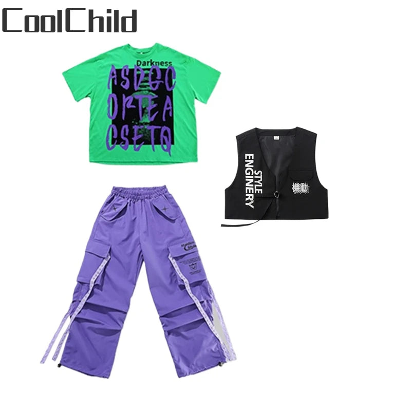 Conjunto de camiseta e calças infantis legais, trajes de jazz, Hip Hop Streetwear, roupas femininas, moda feminina, corredores de rua, colete infantil