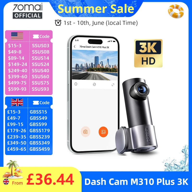 Novo 70mai Dash Cam M310 Plus 3K 1620P WDR Controle de Voz 139 ° Monitor de estacionamento do gravador do carro FOV DVR 70mai M310 Plus 3K