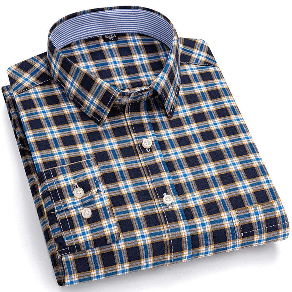Camisas de vestido de algodão com design de gola de lapela listrada xadrez na moda masculina, camisa casual de manga comprida com botões para primavera/outono
