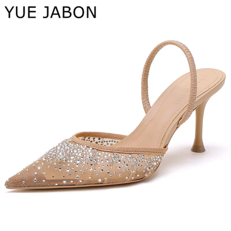 Glitter strass apontou chinelos feminino salto alto verão flip flops feminino sexy sandálias de festa malha respirável mule bombas