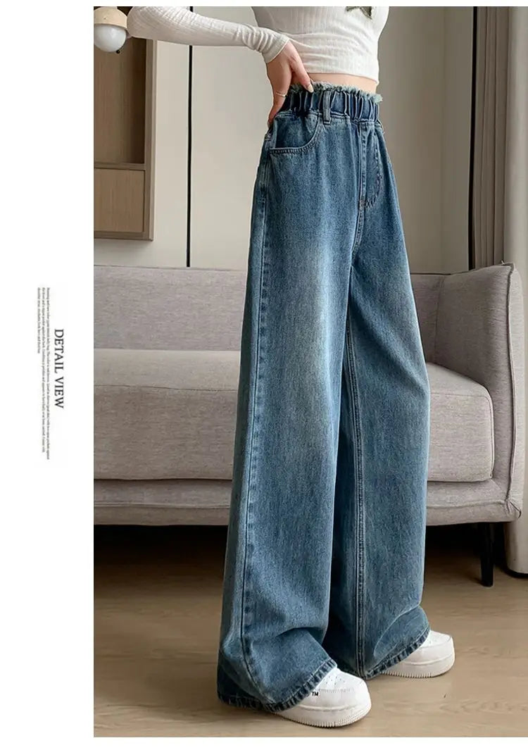 Calças jeans de tamanho grande femininas trilha reta perna larga solta cintura alta fina renda borla calças superiores