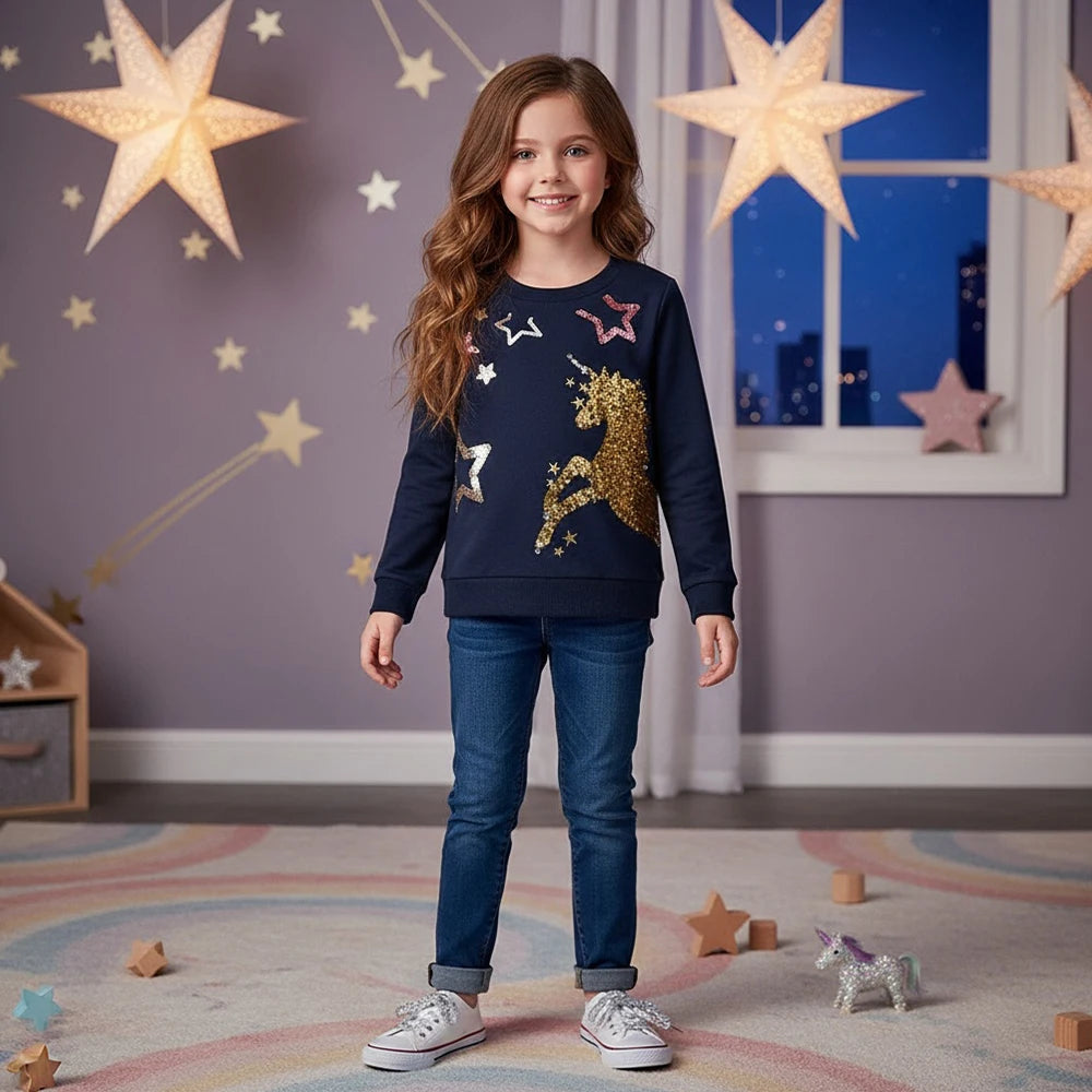 Dxton moletom infantil com lantejoulas, pulôver para bebês meninas, roupas unicórnio, roupa externa diária para crianças, camisetas esportivas de inverno