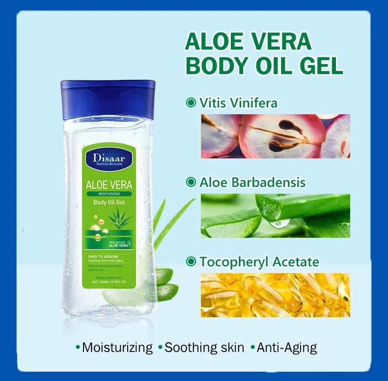 Disaar-Óleo Corporal Extrato de Aloe Vera, Pele Suave, Anti-Rugas, Vitamina C, Óleo Essencial, Hidratante, Pele com Feijão Cacau, 200ml