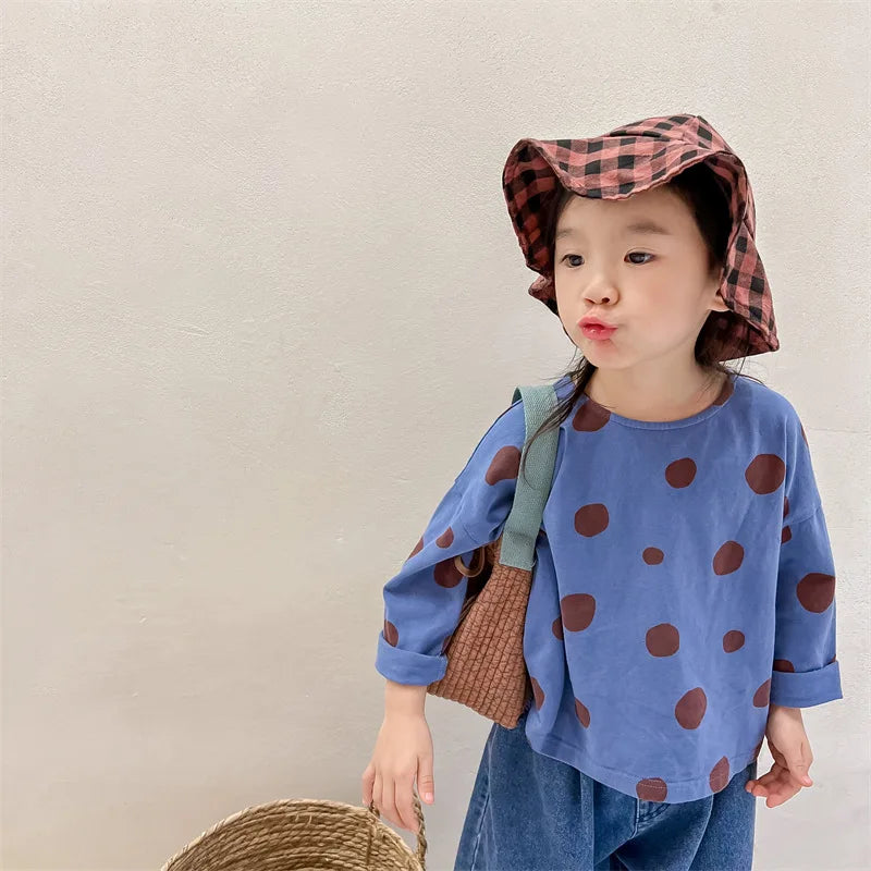 Camiseta outono temporada crianças roupas novo coreano meninos meninas manga comprida undershirt dot gola redonda algodão macio