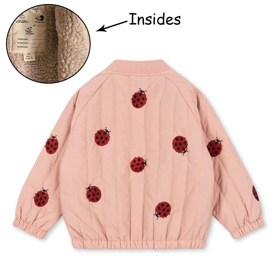 Novo 2025 ks meninas dos desenhos animados algodão velo casacos de inverno da criança meninos jaqueta de lã de cordeiro crianças casaco bordado crianças outwear roupas