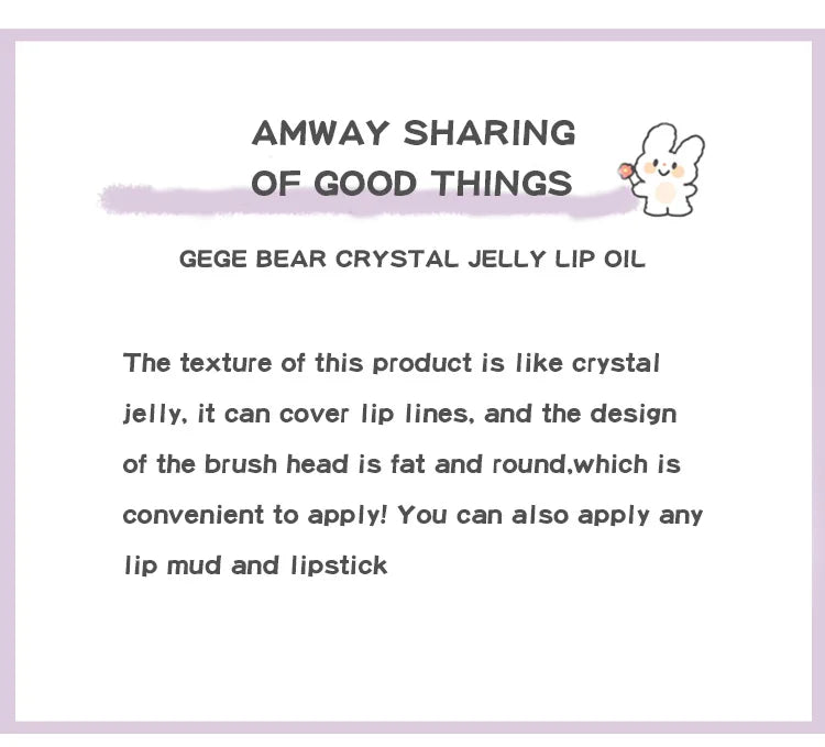 Óleo Labial Gege Bear Crystal Jelly Fruit com Pêssego, Uva e Abacate, Hidratante, Nutritivo e Clareador de Linhas Labiais