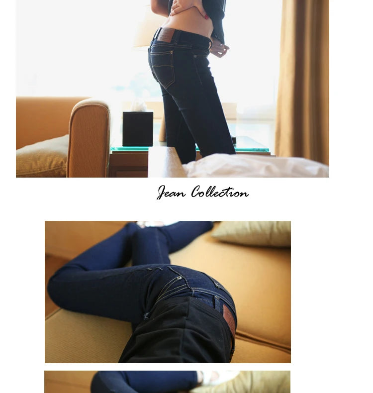 Calça Jeans Fena Skinny de Cintura Baixa Elástica e Esticável para Outono, Calça Longa Preta de Nove Pontos com Efeito Le...