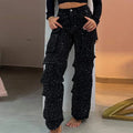 Cpsymym jeans de trabalho feminino com broca brilhante chique vários bolsos botão de cintura alta feminino jean primavera verão y2k senhora streetwear