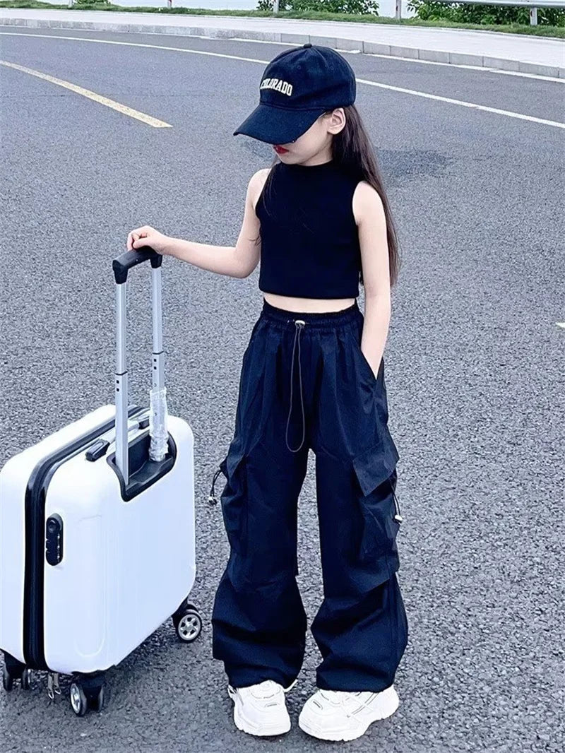 Calças Cargo para Meninas, Roupas de Trabalho Soltas para Crianças, Calças Leves para Primavera e Outono, Roupas Casuais para Adolescentes