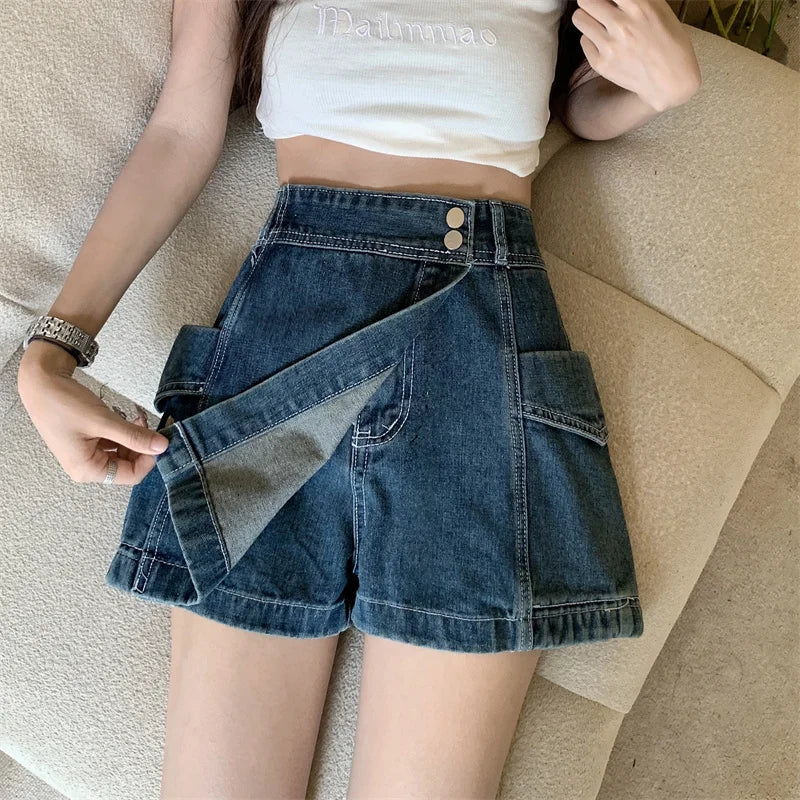 Saia Jeans  Assimétrica de Cintura Alta com Efeito Modelador, Tamanhos andes Fs, Moda Verão 2023