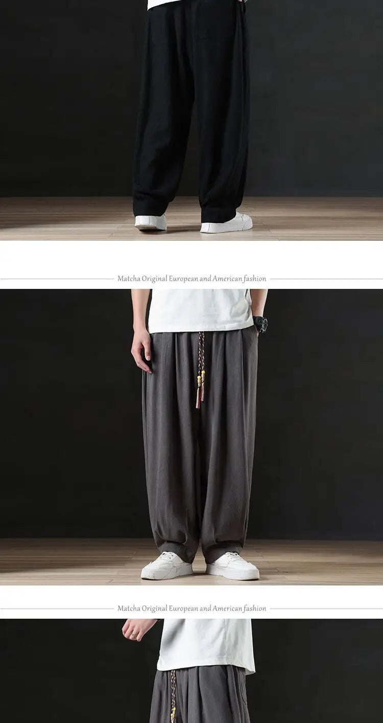Calça masculina casual de linho verão leve solta de perna reta