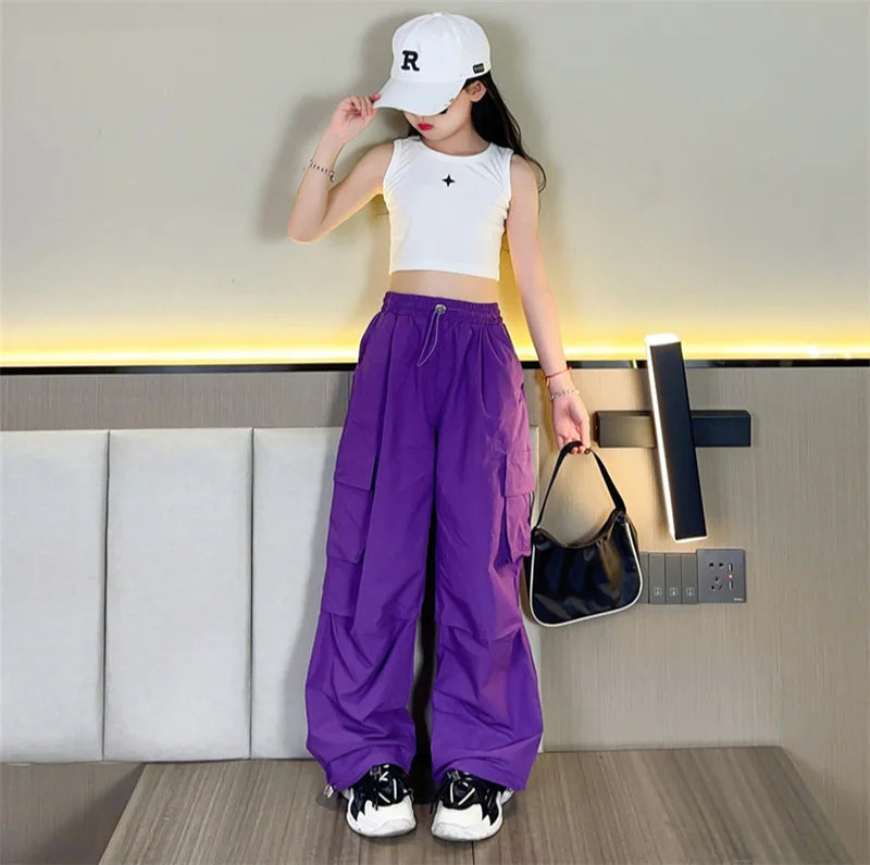 Calças Cargo para Meninas, Roupas de Trabalho Soltas para Crianças, Calças Leves para Primavera e Outono, Roupas Casuais para Adolescentes