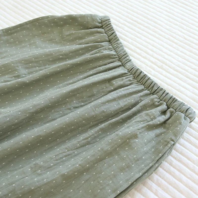 Algodão feminino polka dot pijama define fio-tingido gaze manga longa calças loungewear casual simples pijamas em torno do pescoço nightwears