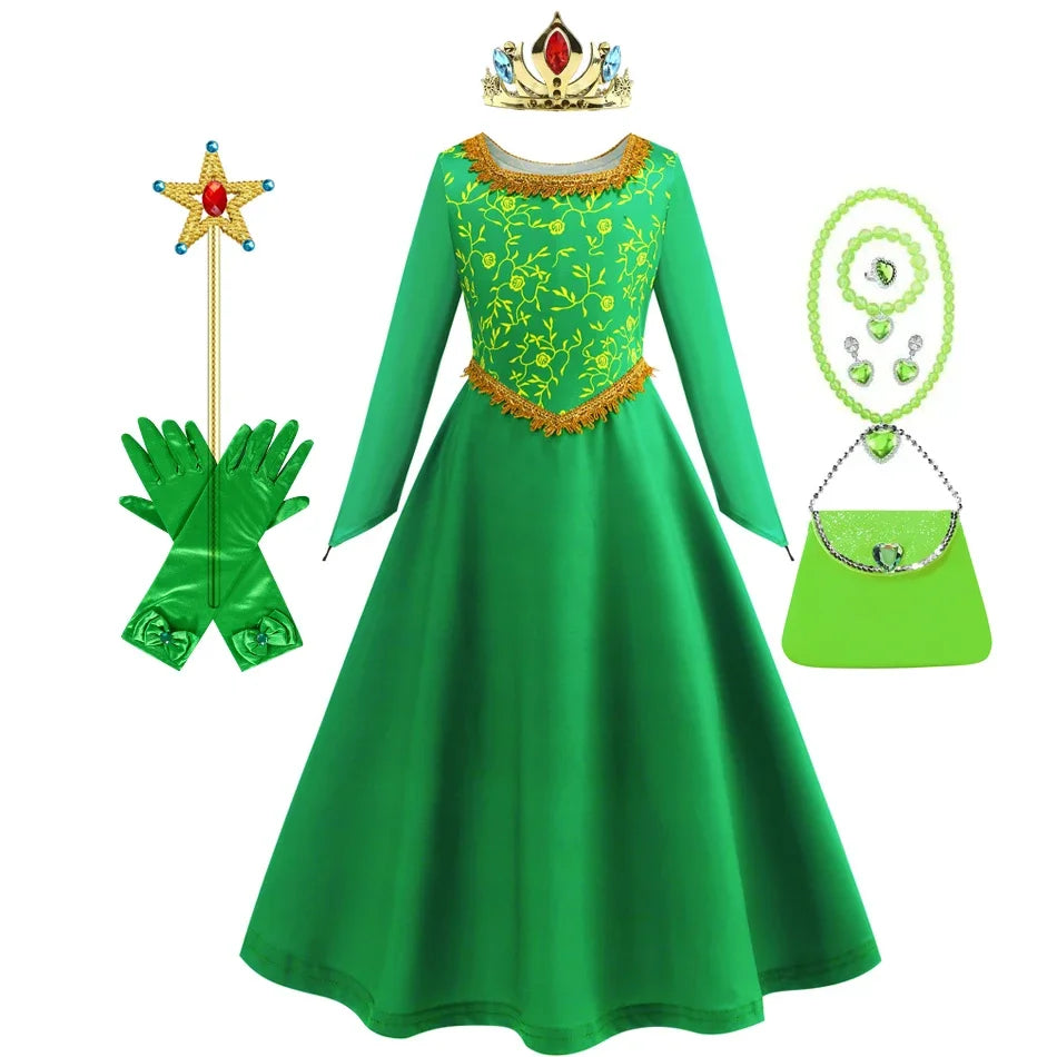 Fantasia fiona cosplay meninas vestido verde roupas dos desenhos animados monstro traje disfarce crianças role play roupas de halloween crianças