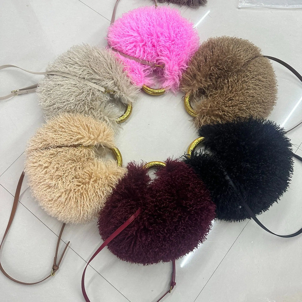 Moda feminina longa pele lã saco praia falso lã pele bolsa de ombro senhoras peles falsas bolsa luxo mongol ovelhas sacos de pelúcia