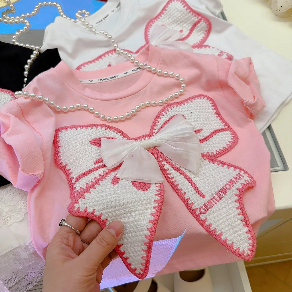 Conjunto de roupas de camiseta rosa para crianças, meninas, verão, saia de renda, pulôver, doce, bebê, lolita, conjunto de vestido, 1-8 anos, roupas infantis, estilo coreano