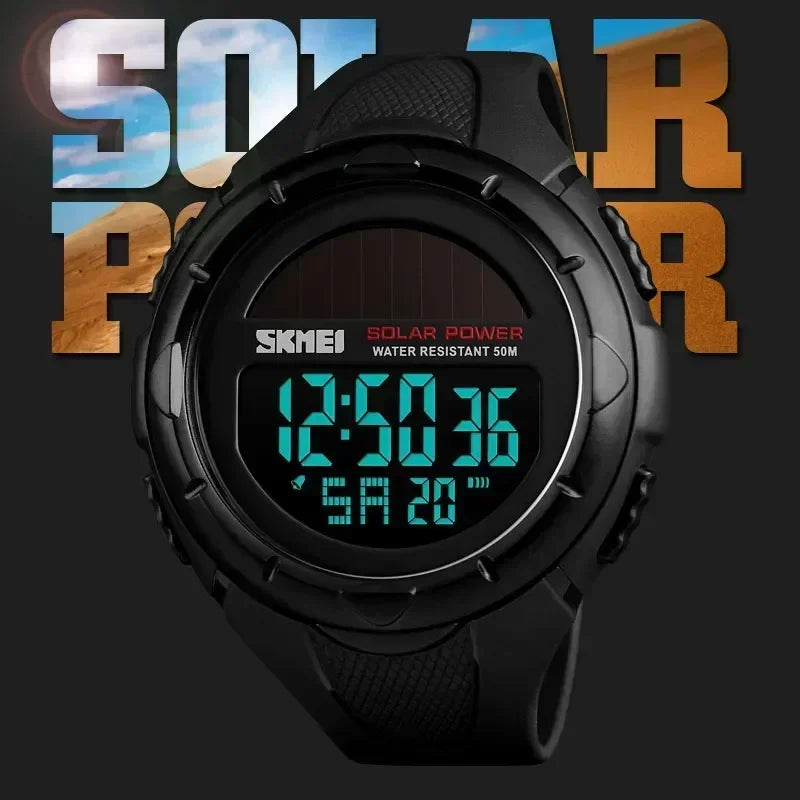 Skmei 1405 esporte digital relógios de pulso dos homens solar para energia ambientalmente alarme masculino reloj hombre relógios luminosos
