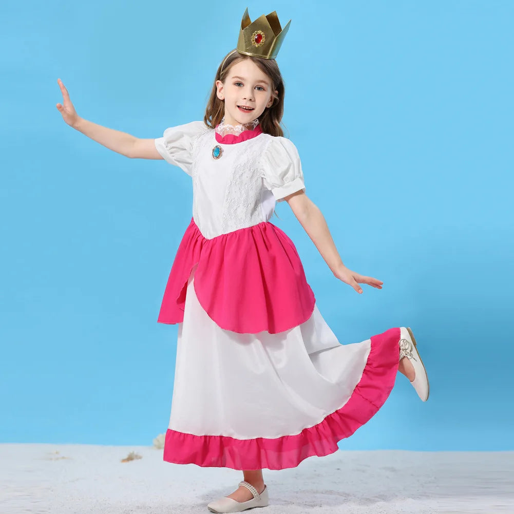 Pêssego rosalina vestido meninas margarida cosplay roupas crianças halloween vestir-se roupas de verão rendas applique princesa traje