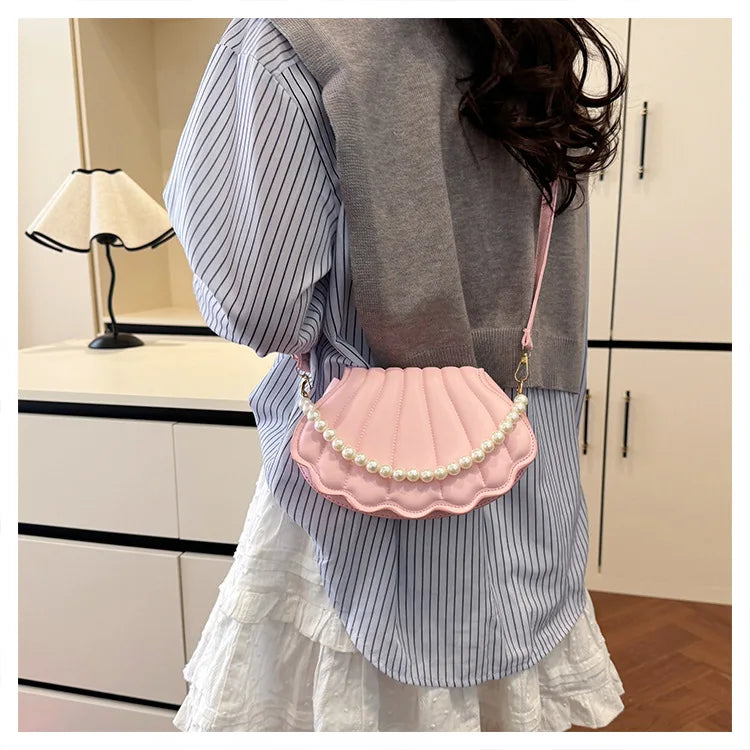 Francês pérola corrente bolsa feminina concha moda bolsa de ombro couro do plutônio bolsa embreagem novidade sólido chique hobo saco pequena mochila
