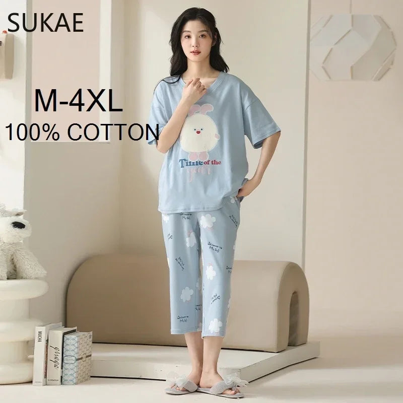 SUKAE-Conjunto de Pijamas dos desenhos animados das mulheres, 100% algodão, calça curta na altura do joelho, pijamas, capris loungewear, pijamas de verão, M-4XL