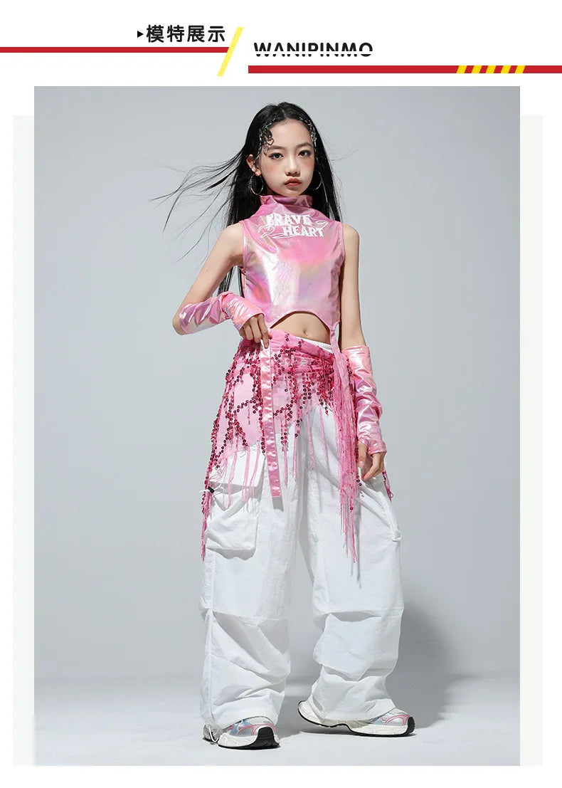 Meninas k-pop brilhante colheita superior calças de carga shorts de dança de rua crianças hip hop jazz conjuntos de roupas crianças streetwear menina grupo traje