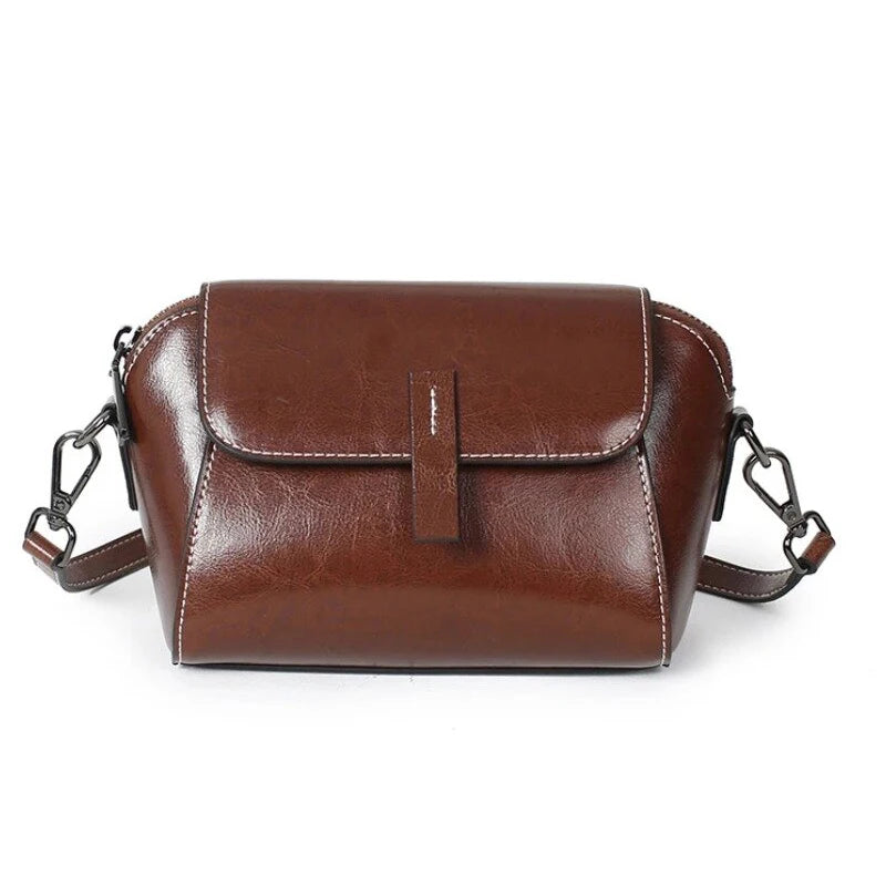 Bolsa transversal pequena de couro legítimo com acabamento em cera de óleo para mulher, bolsa fashion versátil em formato de concha, bolsa casual para celular.
