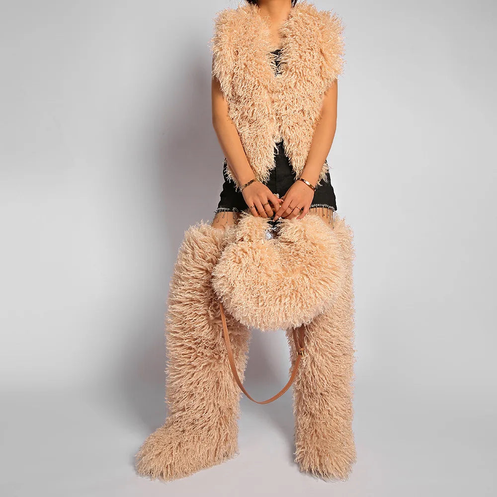Moda feminina longa pele lã saco praia falso lã pele bolsa de ombro senhoras peles falsas bolsa luxo mongol ovelhas sacos de pelúcia