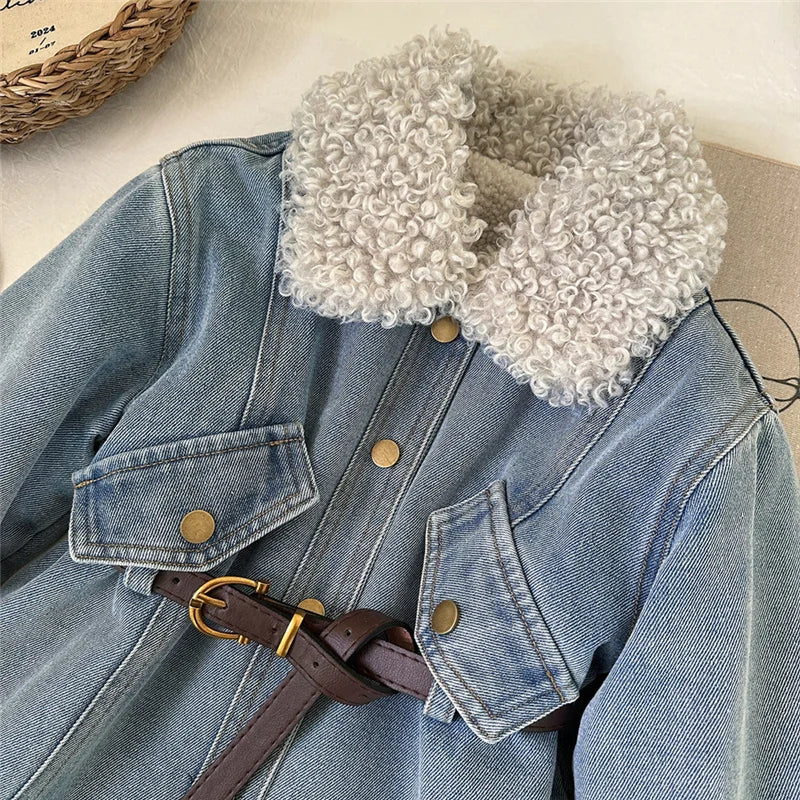 Inverno meninas grosso demin casacos bebê mais veludo quente outerwear com cinto crianças princesa projetado jaquetas longas crianças roupas