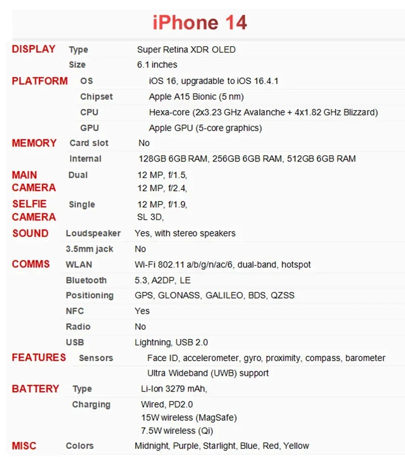 100% original iPhone 14 Dual eSIM Celular 6.1 "OLED Face ID A15 5G Phone Versão dos EUA